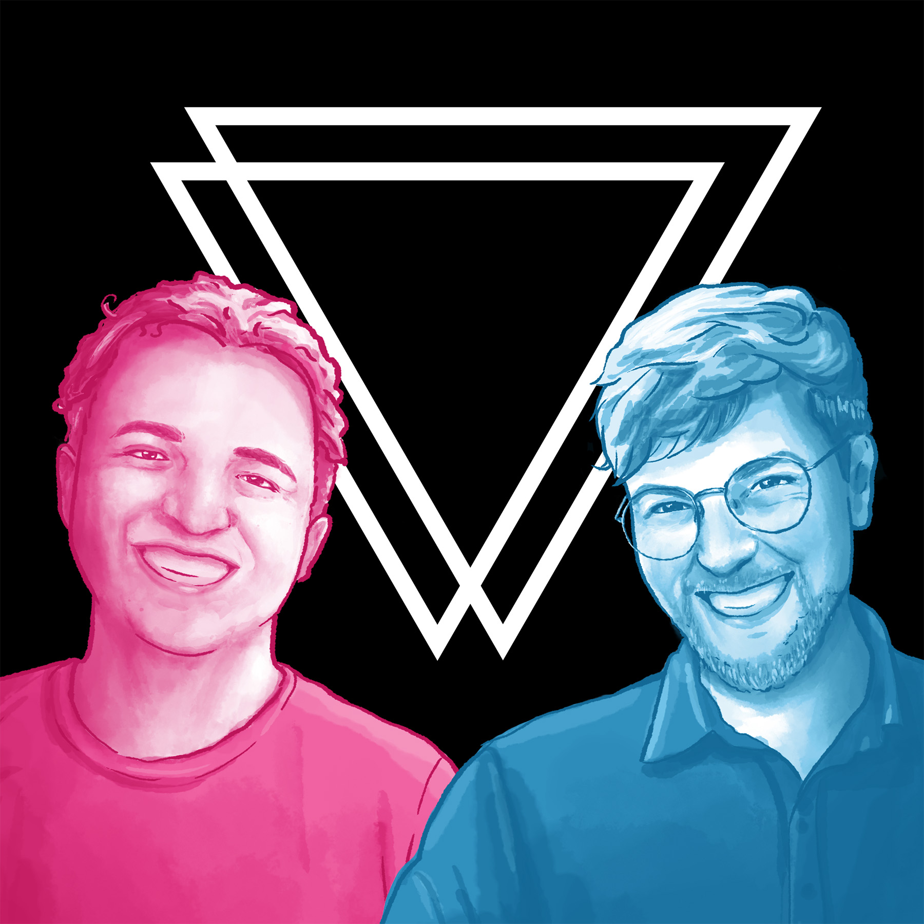 Podcast Cover: Links: Frederik Mallon in Pink, Rechts: Thomas Laschyk in Blau, monochrome digitale Zeichnungen. Beide grinsen freundlich. Hintergrund: Schwarz mit weißem Volksverpetzer-Logo.