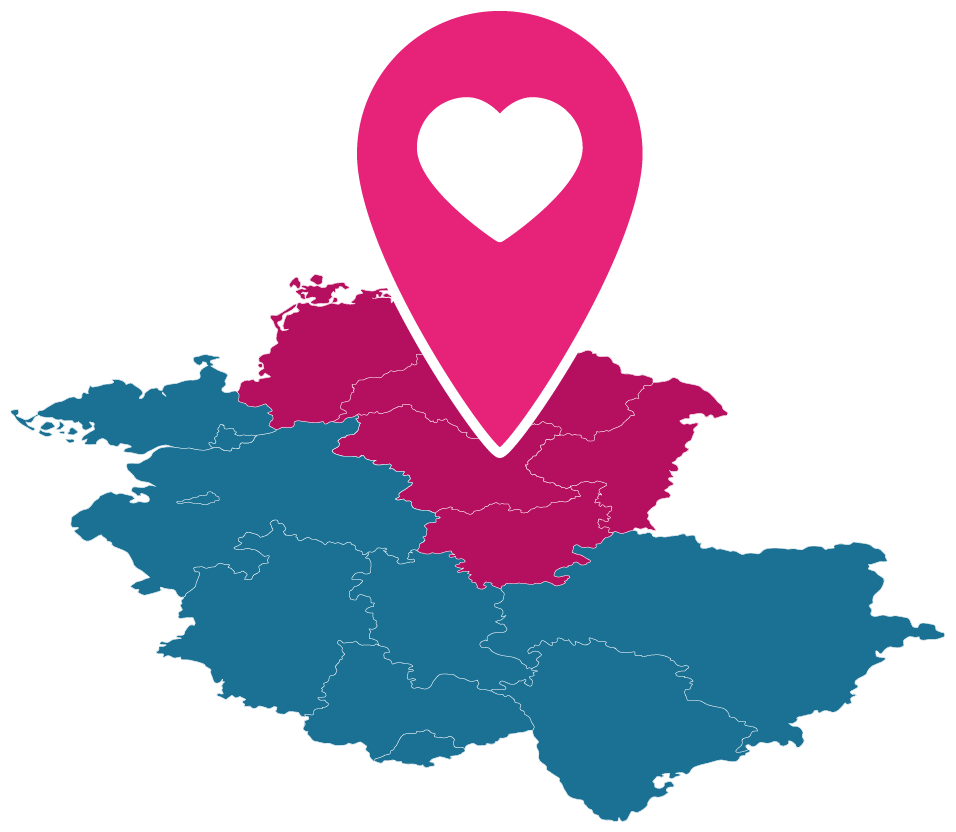 Eine Landkarte von Deutschland in dunklem Blau. Die neuen Bundesländer sind in dunklem Pink markiert. Ein pinker Standort-Pin mit herzförmigen Loch ist in deren Mitte platziert.