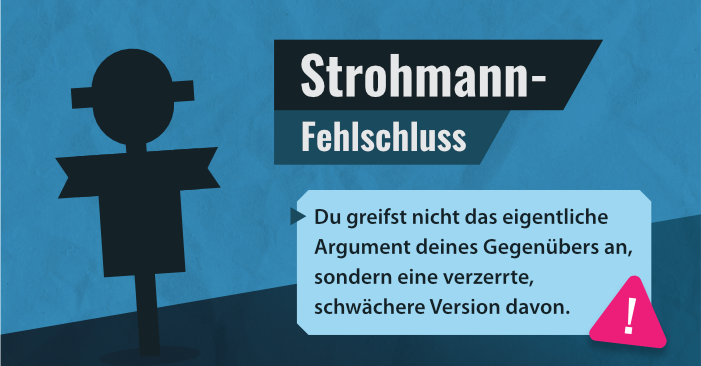 Strohmann-Symbol aus einfachen Formen, dunkelblau. Titel: Strohmann-Fehlschluss in weiß auf dunklen Balken. Darunter Text auf hellblauem Grund: Du greifst nicht das eigentliche Argument deines Gegenübers an, sondern eine verzerrte, schwächere Version davon. Ein Pinkes Warndreieck unten rechts.